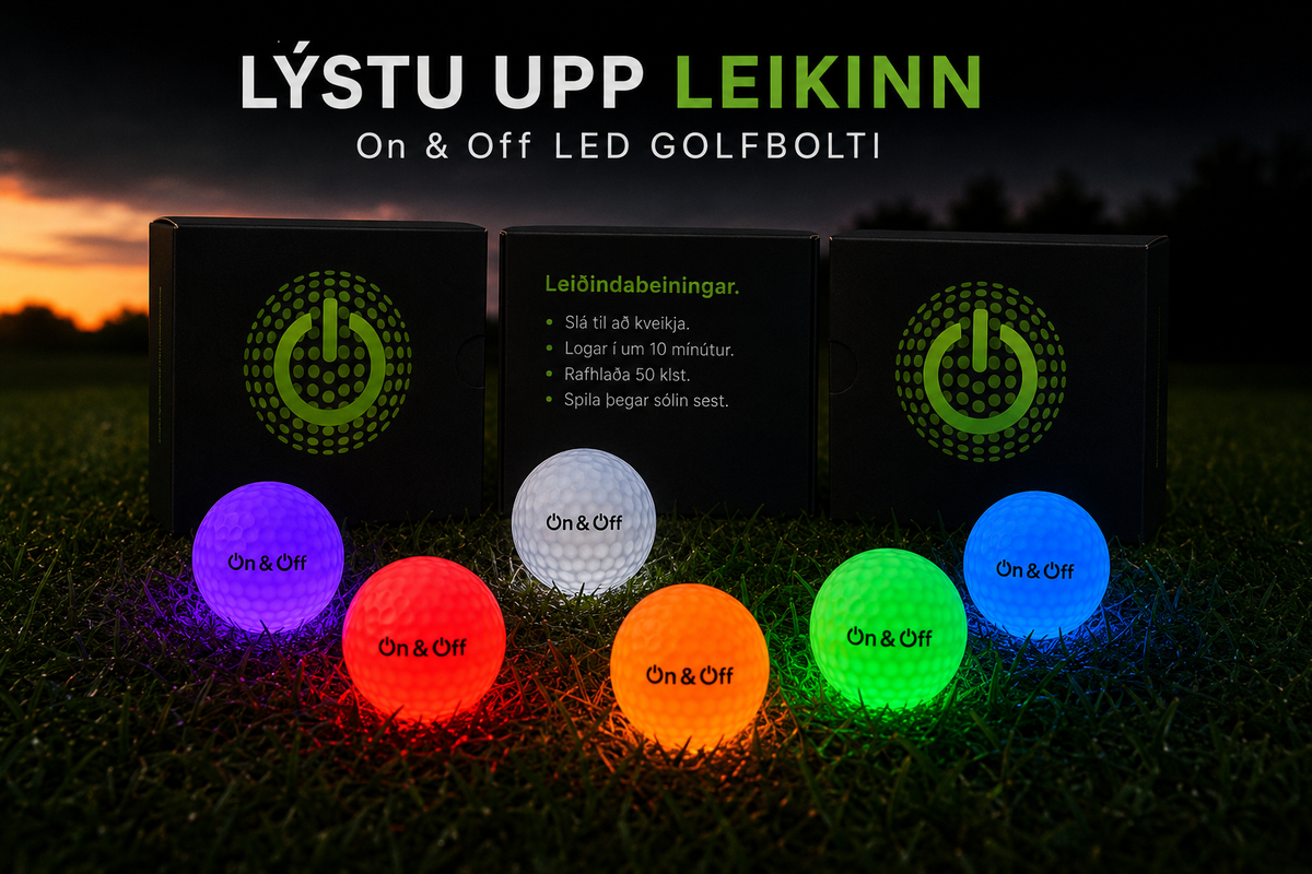 LED golfboltar frá On & Off í sex litum lýsa í grasi fyrir framan svörtu gjafaöskjurnar